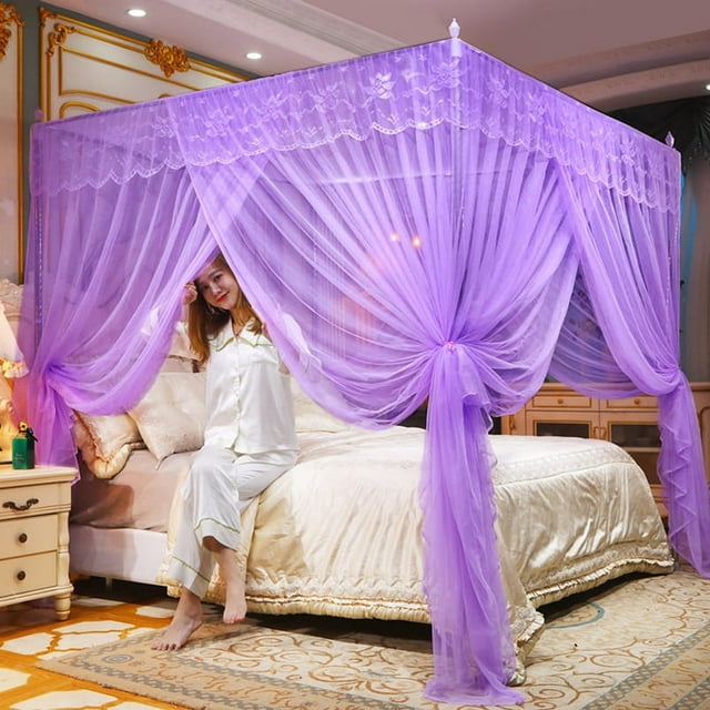 JUNWELL4 Corners Post Ruffle Canopy Bed Curtains for Girls Kids Adults - Cute Cozy Drape Square Netting - 3 Opening Mesh Net Canopy - Princess Bedroom Decoration