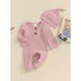 thumbnail image 3 of EYIIYE Infant Baby Girls Boys Basic Romper 0-6M Newborn Long Sleeve Bodysuit Crew Neck Overalls Solid Color Ribbed Button Jumpsuit with Hat Spring Autumn, 3 of 9
