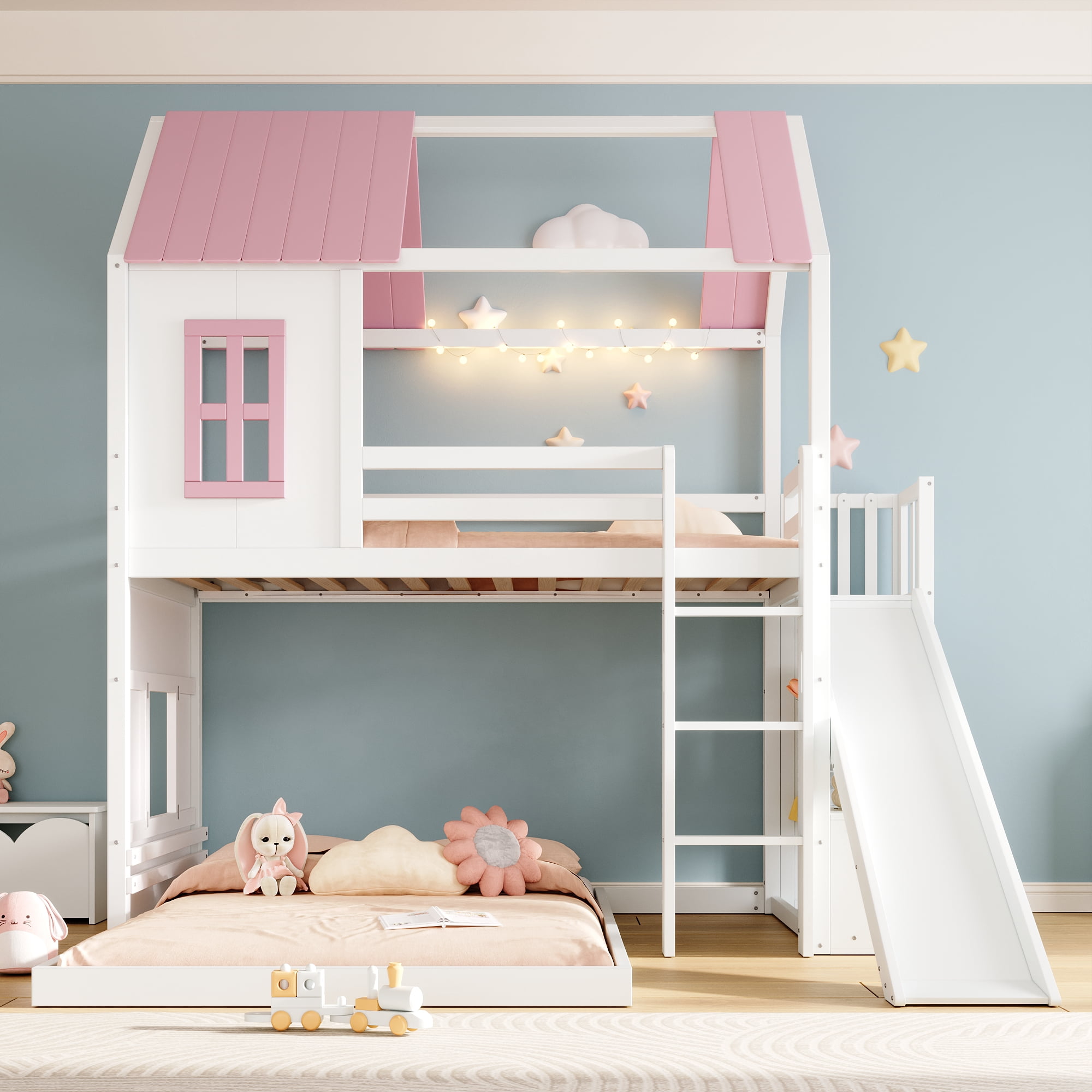 Noble House Twin Over Full House Loft Bed with Slide,Roof & Storage ...