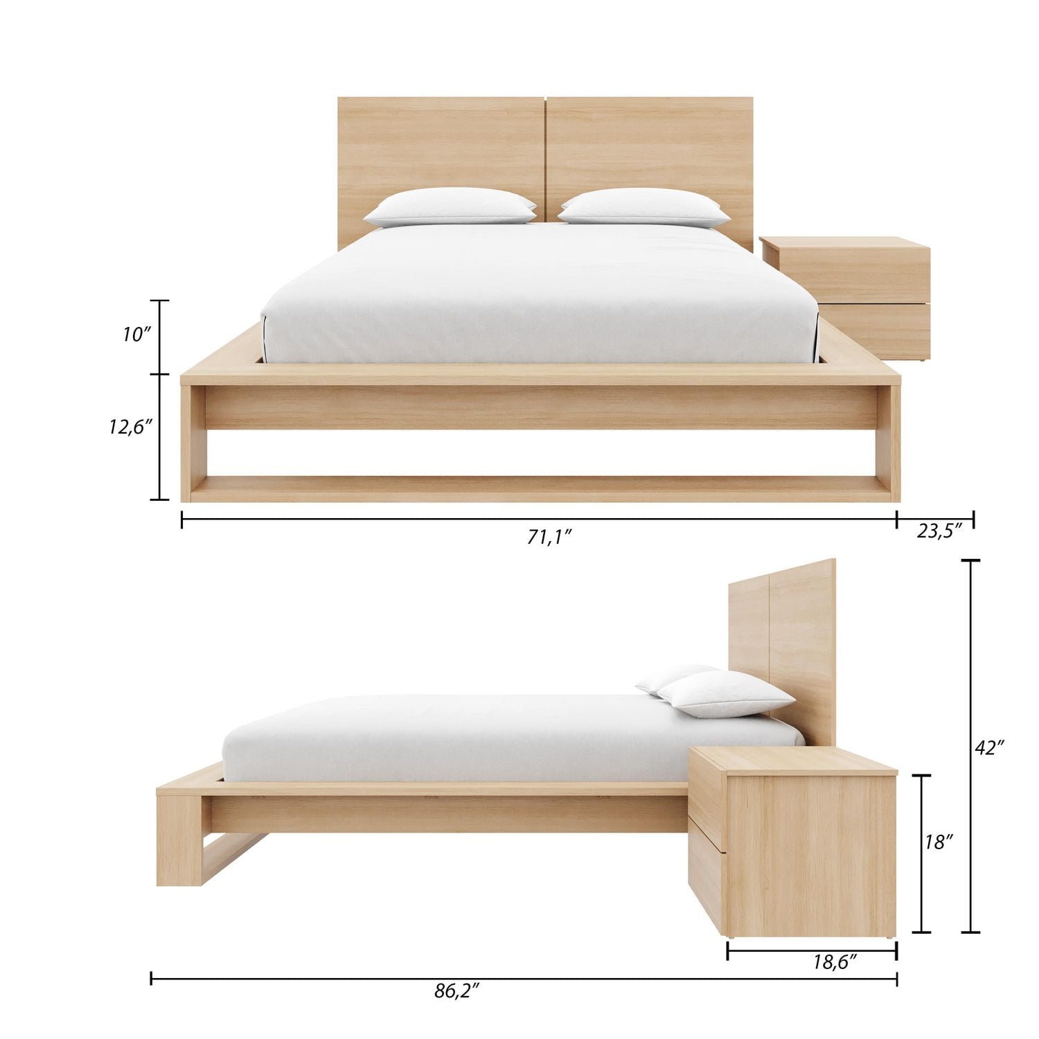 Ensemble de chambre à coucher Birkin 3 pièces avec tête de lit, sommier à lattes et table de chevet