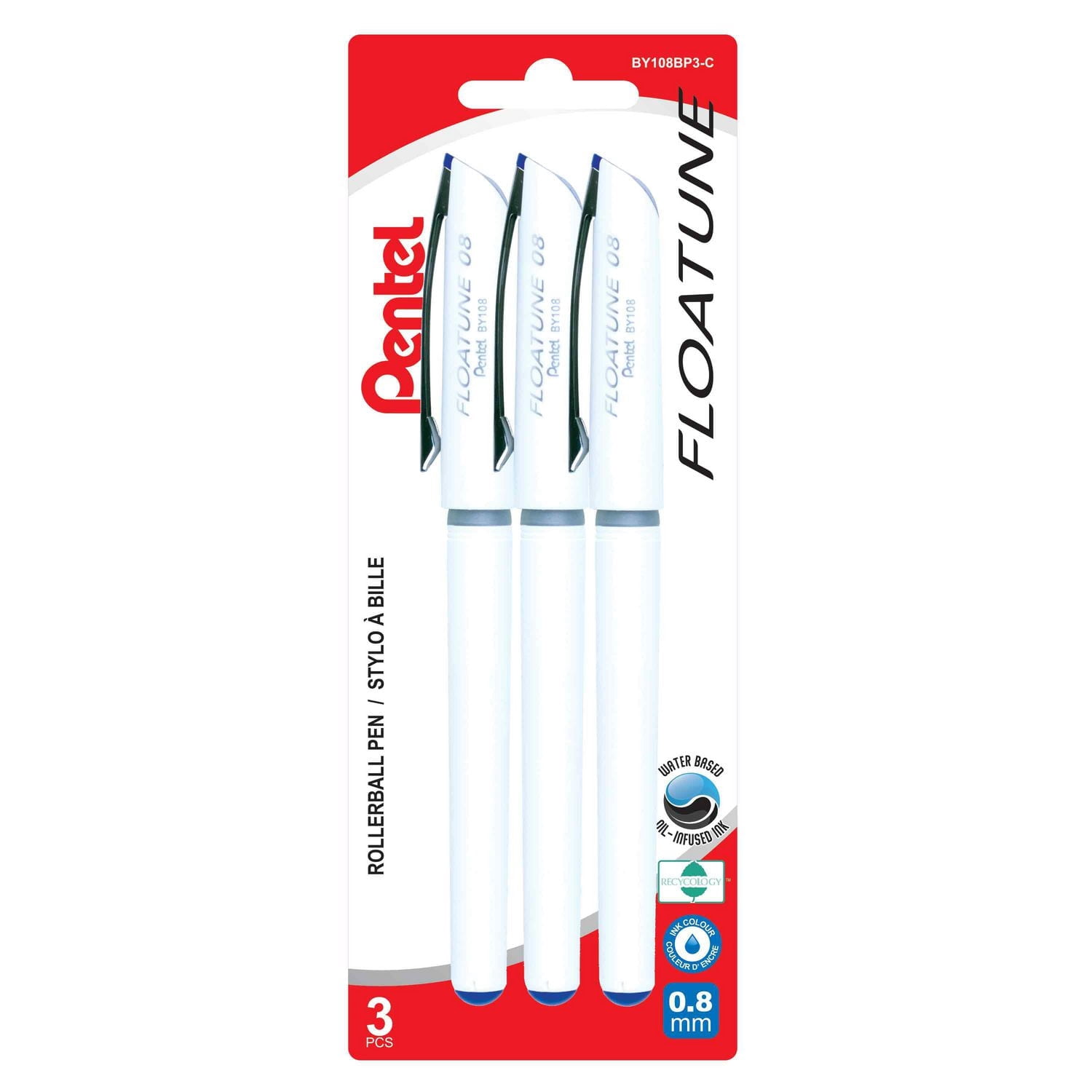 Pentel Floatune Roller Ball Pen 0.8mm Blue Ink pack of 3