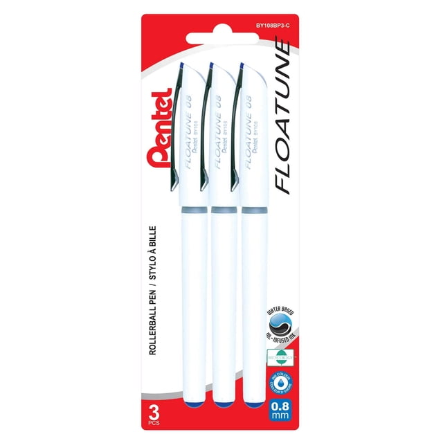 Pentel Floatune Roller Ball Pen 0.8mm Blue Ink pack of 3 with three white matte barrel rollerball pens featuring blue ink tips and black clips, shown on red and white packaging that highlights water-based oil-infused ink and recycled materials, suitable for smooth, skip-free writing.