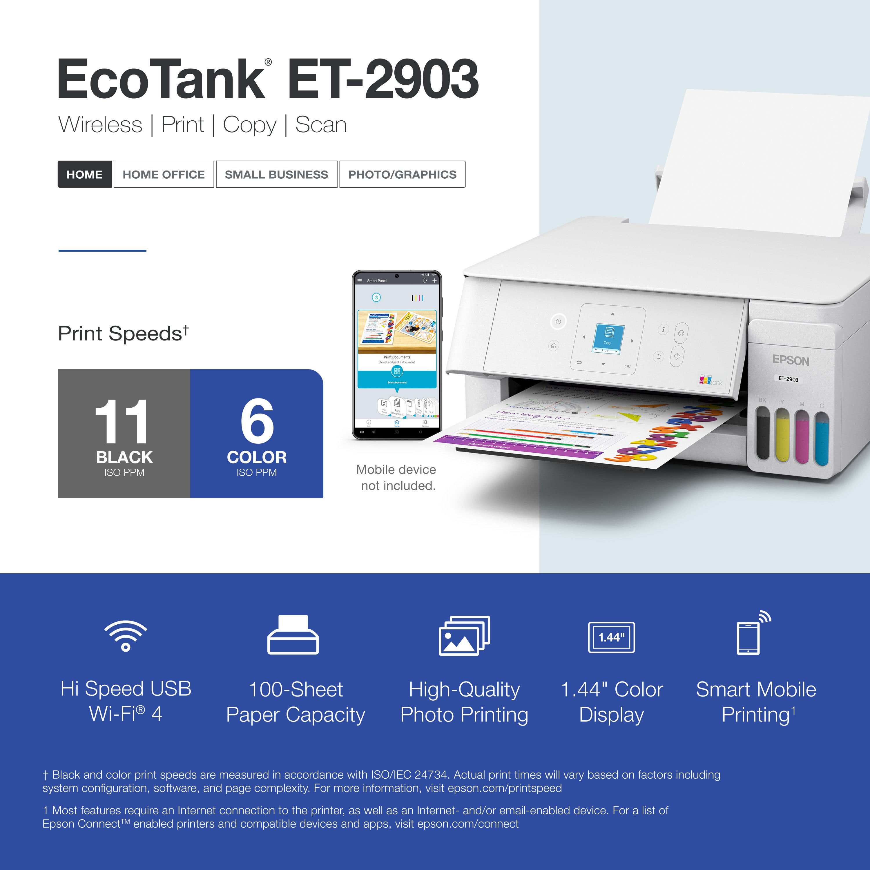 Epson - Imprimante multifonction couleur sans fil EcoTank ET-2903 à réservoirs d’encre géants – Blanc