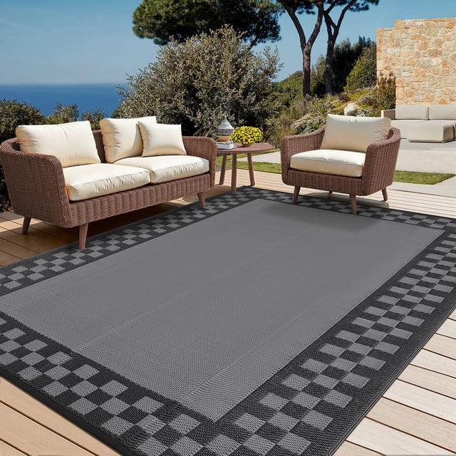 Tapis Extérieur Réversible – Grande Paille Plastique Imperméable – Résistant aux UV – Tapis de Patio à Médaillon – Terrasse, Véranda, Jardin, Camping et VR - Noir et Gris, 9x12 Pi, Norme É.-U.