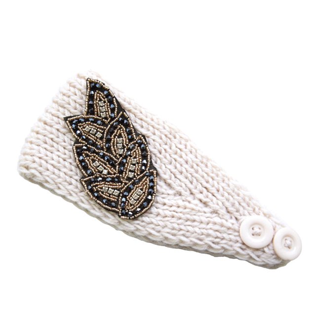 fastboy Crochet Headbands Winter Leaves Pattern with Rhinestones Elastic Head Protector Wide Warm Chunky Hair Accessories for Girls Beige