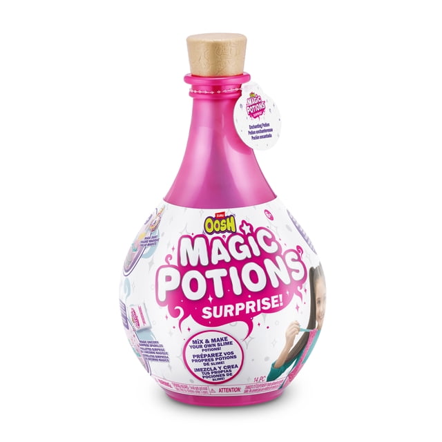 Oosh Potions Slime Surprise Bouteille de potion Magique Rose avec Bouchon en Liège et Étiquette Blanche Présentant un Texte Coloré et un Enfant Jouant avec Slime, Trousse de Fabrication de Slime DIY pour Enfants en arts et Artisanat, Comprend des instructions et des Accessoires pour Créer des Potions Slime.
