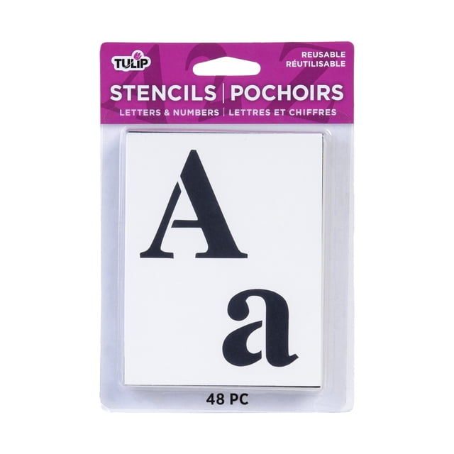 Tulip Pochoirs Réutilisables Ensemble de 48 Pcs avec Lettres Majuscules et Minuscules A en Police à serif Classique sur Feuilles de Pochoir Blanches, Emballé en Plastique Transparent avec En-Tête Violet Étiqueté 'Stencils / Pochoirs pour Lettres et Chiffres, Convient au scrapbooking, aux Projets de Bricolage et à la Peinture sur Tissu.