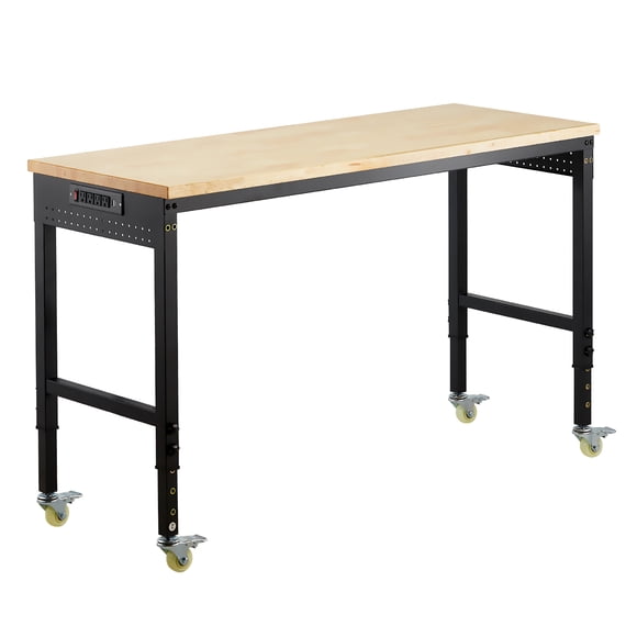 KFFKFF 60-Inch Adjustable Workbench, 2000 lbs Load, Work Bench with Power Outlet, Wheels, and Pegboard, Heavy Duty Oak Wood Top Work Table