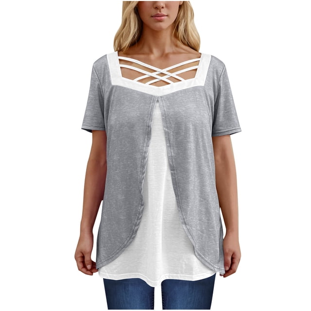 Timegard Hauts d'Été pour Femmes Grande Taille Col Carré Croisé Manches Courtes Décontracté Confortable Blouse