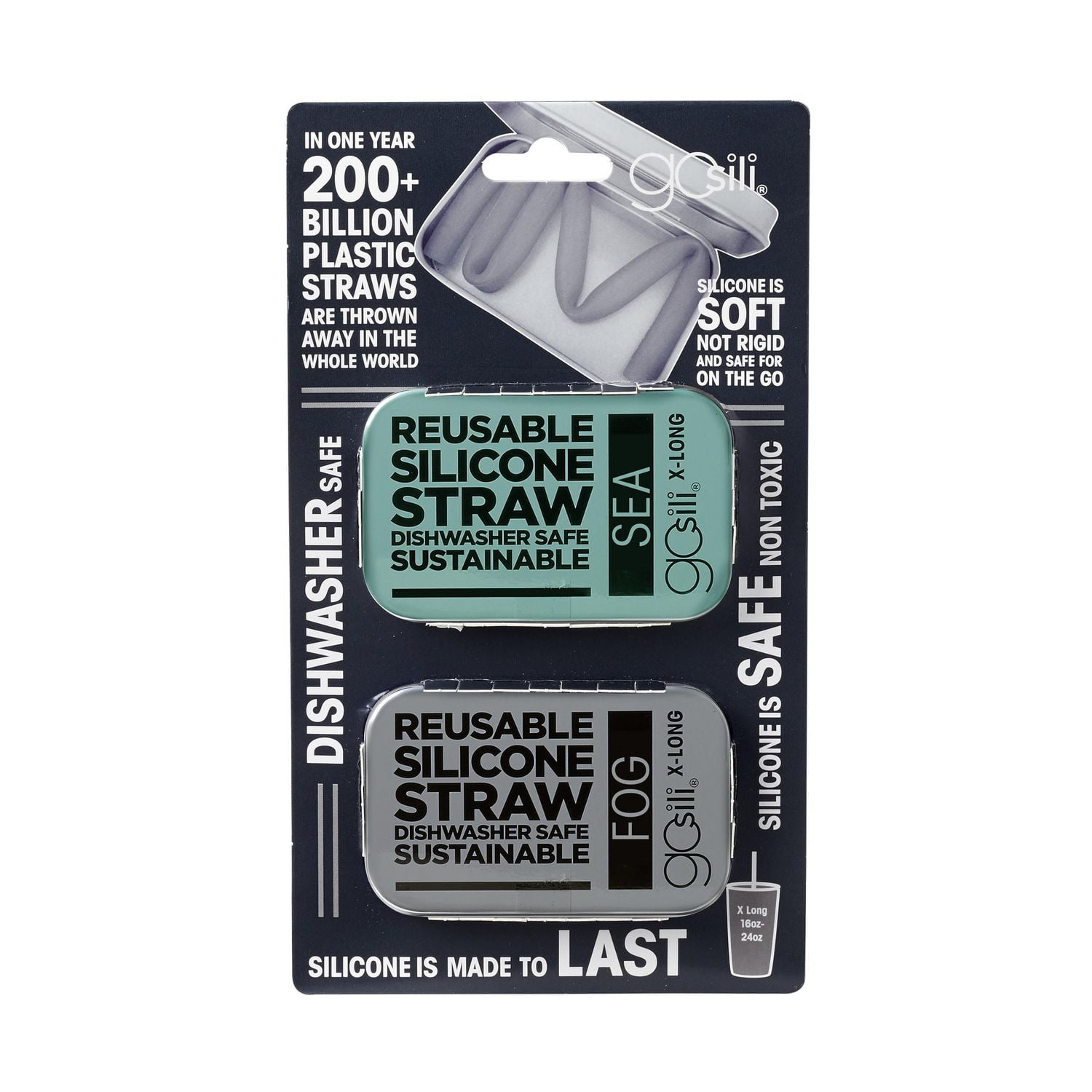 Boîtes à paille extra longues GoSili, paq. 2, mer/brouillard