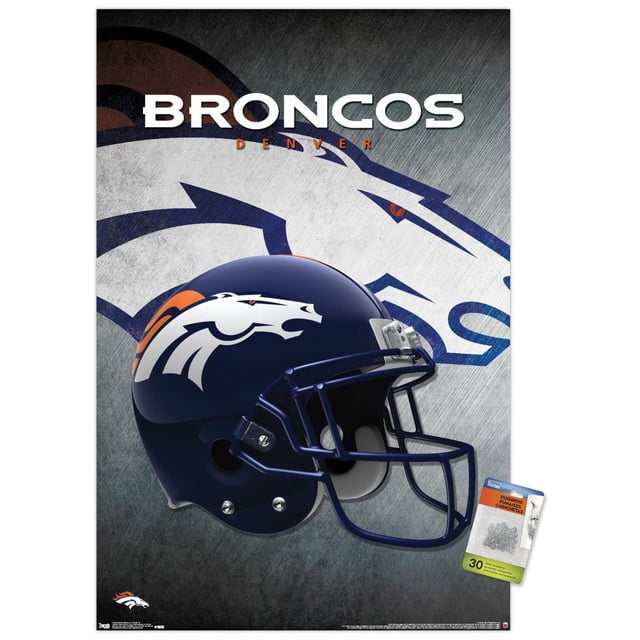 NFL Denver Broncos - Affiche Murale de Casque 16, 22,375 Pouces x 34 Pouces Présentant un Profil Latéral d'Un Casque de football Bleu Marine Lustré avec le logo du Cheval Blanc des Denver Broncos et un Détail de Crinière orange, sur Fond Gris Texturé avec un Grand Emblème des Broncos Délavé et le Mot « Broncos » en Lettres Blanches Audacieuses au-Dessus. Comprend 30 Punaises Transparentes pour une Suspension Facile et Sans Dommages, Convient à la Déco de Chambre de fan