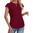 thumbnail image 1 of T-shirts d'Été pour Femmes Froncés à Manches Courtes Style Cap, T-Shirts à Col Rond, Mode Rouge Vin TTG, 1 of 6