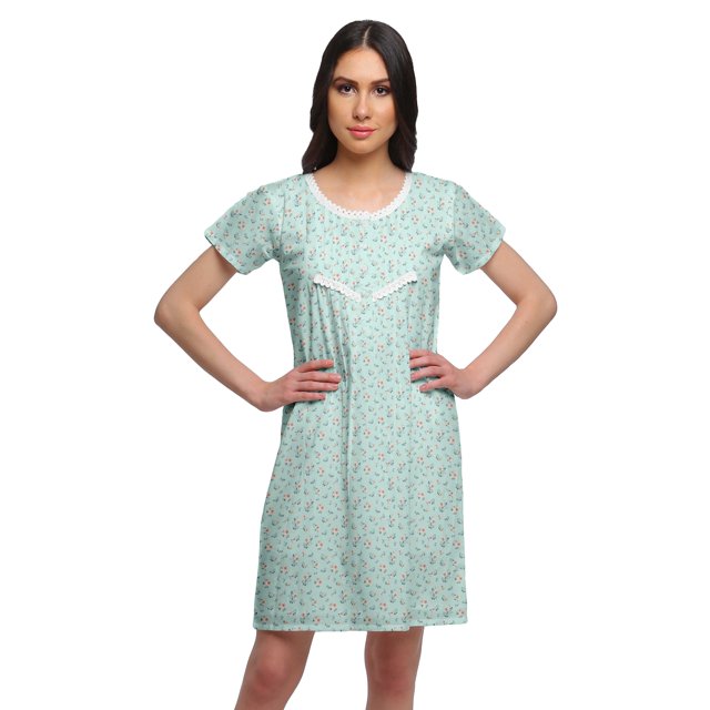 Moomaya Chemise de Nuit à Manches Courtes Imprimée pour Femmes, Col Rond, en Coton, Vêtement de Nuit