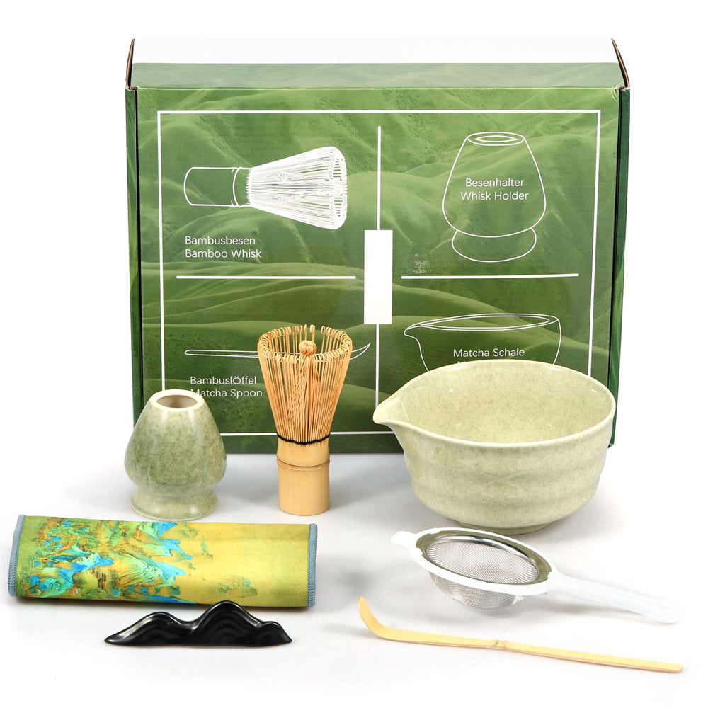 CHUANK 7Pcs Japanese Matcha Tea Set  Matcha Making Starter Kit with Matcha Whisk Bowl Whisk Holder Scoop and Strainer Safe Bamboo Matcha Whisk and Ceramic Bowl Set for Matcha Tea