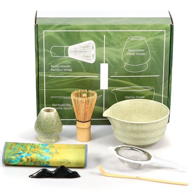 CHUANK 7Pcs Japanese Matcha Tea Set Matcha Making Starter Kit with Matcha Whisk Bowl Whisk Holder Scoop and Strainer Safe Bamboo Matcha Whisk and Ceramic Bowl Set for Matcha Tea