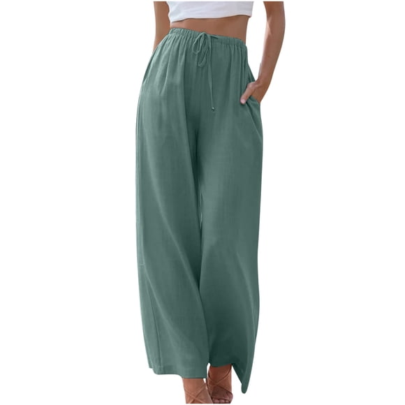 Palazzo Pants for Women Cotton Linen Casual High Waist Solid Color Full Length Pants Ladies Loose Flowy Wide Leg Pants