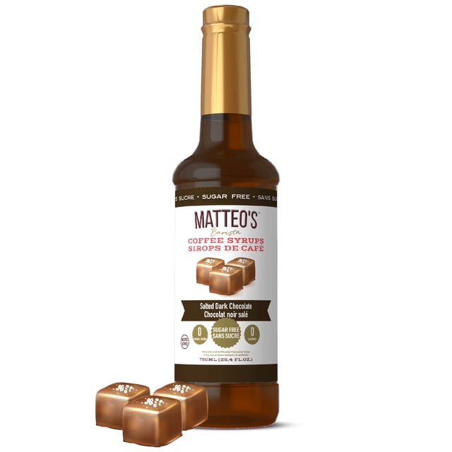 Matteo's Sugar Free Coffee Syrup, Salted Dark Chocolate flavor, 750mL bottle with 0 calories and 0 sugar. The bottle features a gold cap and a label showcasing salted dark chocolate cubes, emphasizing its keto-friendly and sugar-free attributes. Ideal for enhancing coffee with a barista-inspired touch.