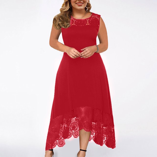 Robes d'Invitée de Mariage pour Femmes Mode Décontractée Couleur Unie Grande Taille Col Rond Aguichant Dentelle Sans Manches Ample Robe Chandail Tunique Hauts pour Femmes Coupe Ample Chic en Liquidation