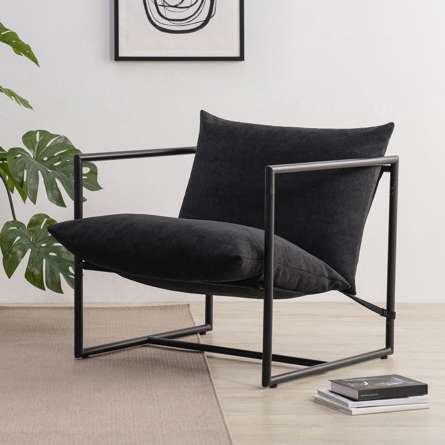 Zinus Aidan Modern Minimalist Metal Framed Accent Chair with Removable Foam Cushions, Black