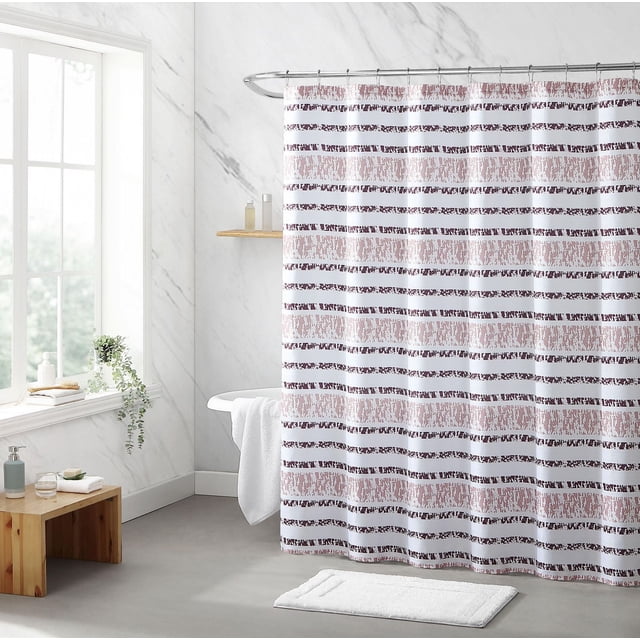 1pc Stripe Fabric Shower Curtain with horizontal textured stripes in muted pink and dark brown on white, made of 100% polyester microfiber jacquard, measuring 70 in W x 72 in L, hanging on a curved metal rod in a marble bathroom with a wooden bench and white bath mat, ideal for water containment and adding bohemian style.