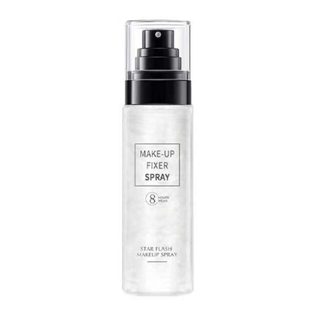 FcBaudy Velvet Makeup Setting Spray Transparent 24H Long Lasting Fix Face Mist 100ML. A clear bottle with a black spray nozzle, featuring shimmering setting spray that hydrates, controls oil, and locks makeup for a glowing, lightweight finish. Suitable for long-lasting makeup wear.