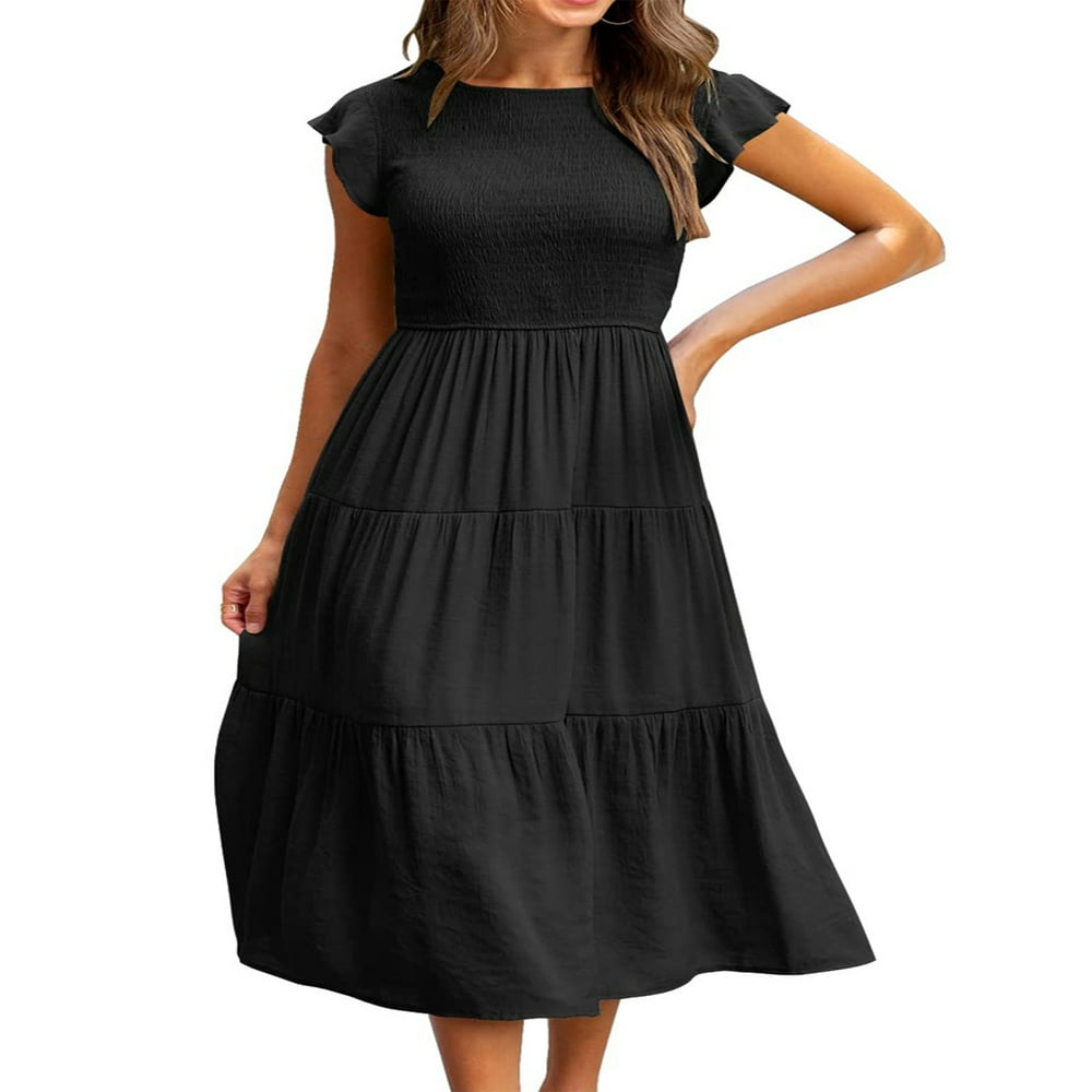 Robe Midi à Manches Courtes Volantées Froncée pour Femme, Été, Décontractée, à Volants, Ligne A, Orange, P