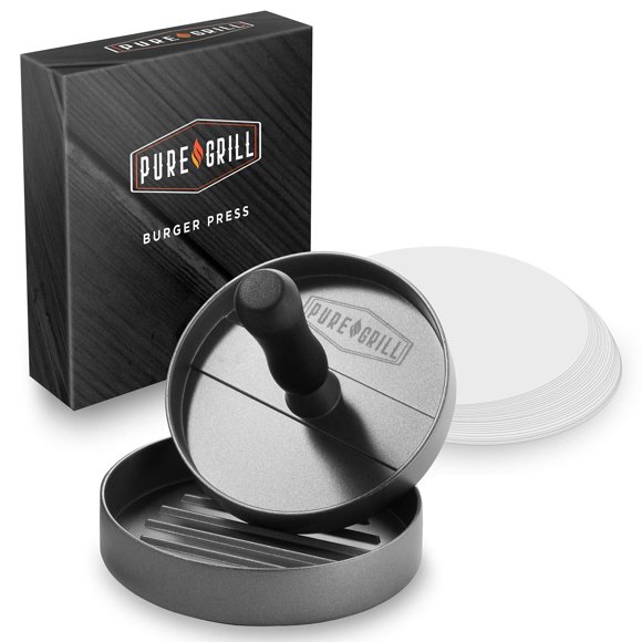 Pure Grill Presse à Burgers - Presse à Galettes BBQ en Aluminium avec 100 Papiers Cirés pour Griller des Galettes de Hamburger