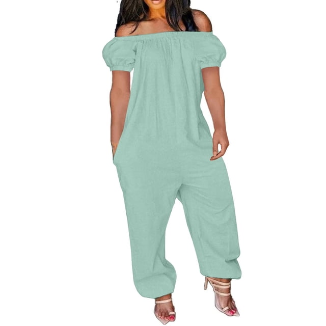 Birdeem Combinaison Pantalon Ample à Épaules Dénudées à Manches Courtes pour Femmes, Couleur Unie