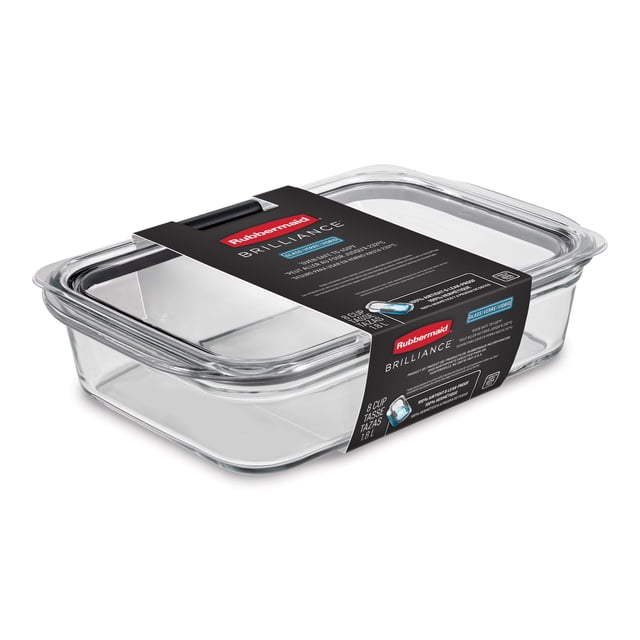 Rubbermaid Brilliance Glass Food Storage Container, 1.8 L (8 Cup), 1 Pack, rectangular clear glass base with a crystal-clear vented plastic lid and secure latches, offering 100% airtight, leak-proof storage, microwave-safe reheating with steam vents, stain and odour resistant lids, oven-safe glass base up to 450°F, and space-saving modular stacking for kitchen organization.