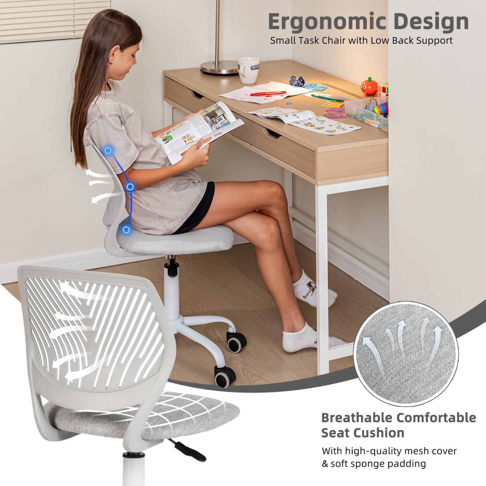 Chaise d'étude pivotante pour garçons et filles Homy Casa avec siège en tissu rose et hauteur réglable