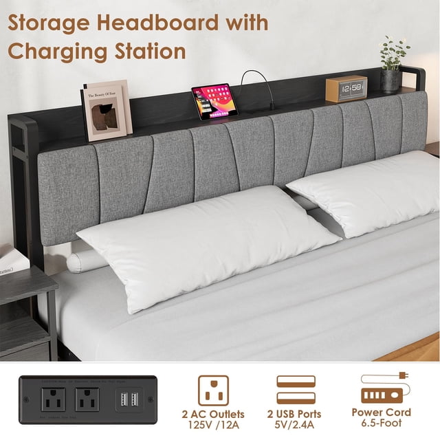 GloryStar Bed Frame with Storage Headboard, Industrial Full Platform Bed with 2 Large Drawers and Charging Station, Black No Box Spring Needed Bedframe