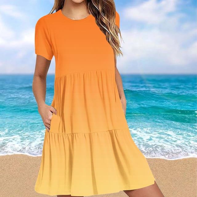 Weiqiqre Robes de Travail pour Femmes, Robe T-Shirt d'Été Décontractée à Manches Courtes pour Femmes, Robes Mini à Étages avec Poches