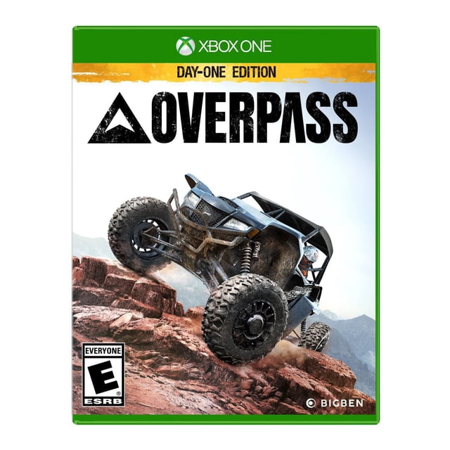 Overpass Xbox One Day-One Edition game cover showing an off-road buggy with rugged tires and suspension climbing rocky terrain, emphasizing off-road racing and technical tracks in a mountainous environment with a helmeted driver.
