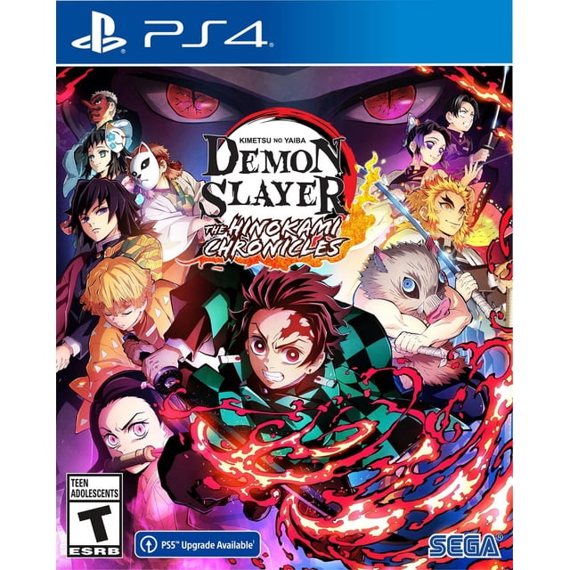 Demon Slayer - Kimetsu no Yaiba - The Hinokami Chronicles (PS4) game cover featuring anime characters in action poses with fiery sword effects and large red demon eyes in the background, including PlayStation 4 and SEGA logos.