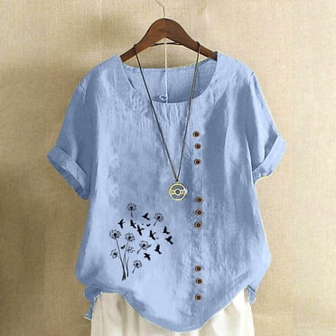 Staron Womens Summer Shirts Clearance Cotton Linen Plus Size Dressy Roll Up Short Sleeve Tunic Floral Print Casual Shirts