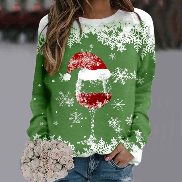 TIMIFIS Sweat-Shirt de Noël avec Verre de Vin Rouge pour Femmes Mode Hiver Pull de Noël avec Chapeau de Père Noël Graphique Blouse Cadeaux de Noël pour Femmes