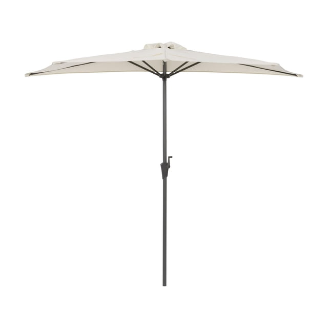CorLiving Versa 8.5ft outdoor patio half umbrella with beige vented polyester canopy and black powder-coated steel frame, featuring a crank open system and 1.5-inch pole diameter, designed for compact outdoor spaces like balconies and patios.