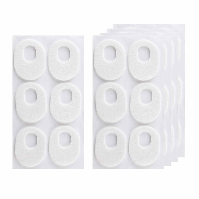 30x Adhesive Corn Cushion Pads Protectors Protective Pads Oval made of high-quality felt material. The image shows five sheets, each containing six oval-shaped white pads with a central cutout. Designed for foot protection, these pads reduce pressure and irritation from corns, providing comfort and support. Self-adhesive design ensures they stay in place throughout the day. Ideal for corn treatment, callus relief, and foot care during work, school, running, and jogging.