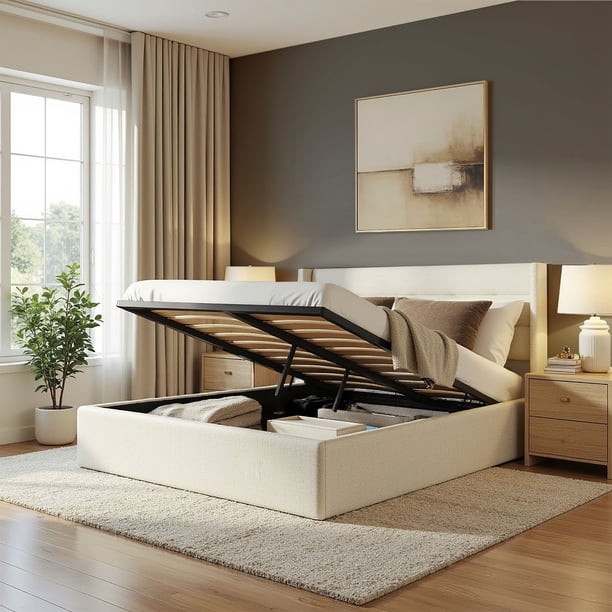 Aykah Zir Double Size Bed Frame with Storage, Upholstered Heaboard