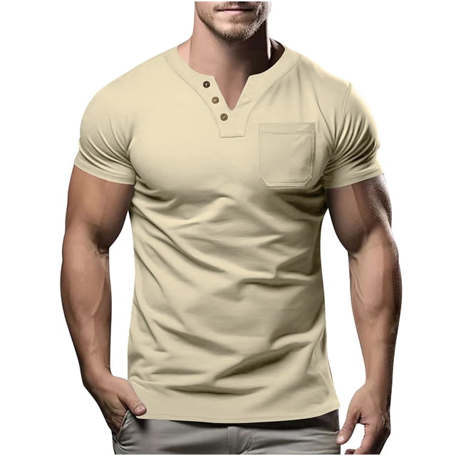 Birdeem Shirts for Men Mens Fashion Casual Solid Color Button Short Sleeve V-Neck Blouses Shirts