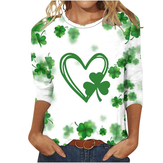 Besolor Hauts pour Femmes de la Saint-Patrick Tendance Manches 3/4 T-Shirts Imprimés Shamrock Col Rond Mignon Tunique de la Saint-Patrick T-Shirt Hauts