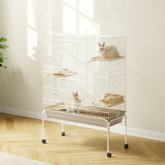 QinaQin 55 Inch Small Animal Cage, 4 Tier Rolling Habitat with Ramps, Bottle and Bowl for Chinchillas, Ferrets and Rabbits