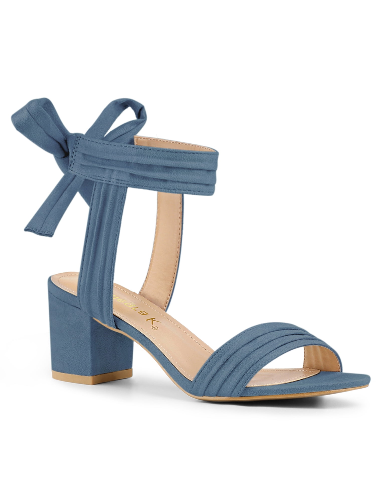 BLISSFUL STEP Women's Open Toe Ankle Tie Back Block Heels Sandals Haze Blue (Size 9.5)
