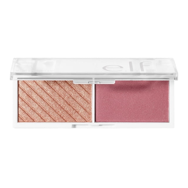 e.l.f. cosmetics Bite-Size Face Duo compact with two pans: a shimmery peach highlighter with diagonal ridges and a matte dusty rose blush, in a white rectangular case with a clear lid embossed with the e.l.f. logo, designed for on-the-go cheek glow and blush application suitable for all skin tones.