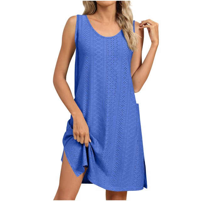 VEKDONE Women Summer Solid-Color Court Lock Round-Neck Casual Cuffless Dress Blue M
