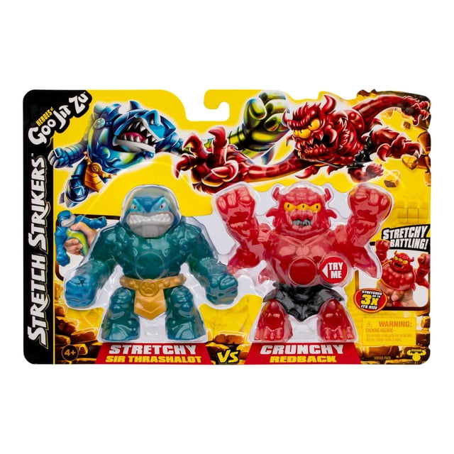 HEROES OF GOO JIT ZU STRETCH STRIKERS VERSUS PACK SIR THRASHALOT VERSUS BARBARIAN REDBACK features two action figure playset characters in packaging: a blue stretchy Sir Thrashalot with shark-like design and gold belt, and a red crunchy Barbarian Redback with yellow eyes and black shorts, both able to stretch up to three times their size for stretchy battling and imaginative play.