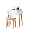 thumbnail image 1 of Costway Coiffeuse en Bois avec Tabouret, Miroir Rond avec 1 Tiroir, 1 of 10