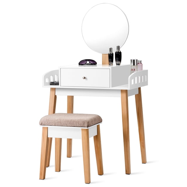 Costway Coiffeuse en Bois avec Tabouret, Miroir Rond avec 1 Tiroir