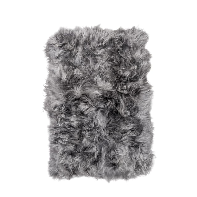 ICELANDIC SHEEPSKIN LONG-HAIRED RUG 4' X 6' in grey with dense, natural 100% sheepskin featuring a 2.5-inch thick curly pile and soft texture, backed by micro suede anti-skid material for indoor durability, suitable for adding warmth and texture to home interiors.