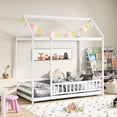 thumbnail image 1 of Gymax Twin Size House Bed w/ Roof & Full-length Safety Guardrail Playhouse Bed Frame White, 1 of 10